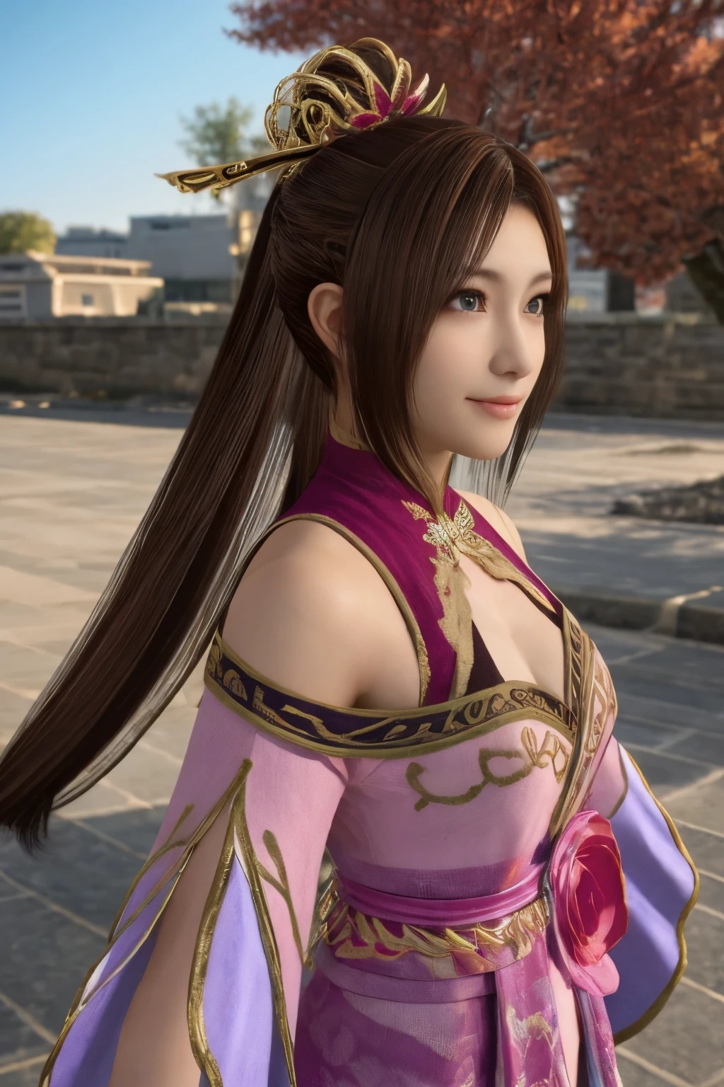 Diaochan from Sangoku Musou 8,傑作、1個可愛的女孩、高中生1名、微笑,漂亮的眼睛、眼睛浮腫、戶外明亮,明亮的市中心、最好的品質, 超高解析度, (現實: 1.4), 電影燈光、日本人、亞洲美女、韓國人、超漂亮、美麗的肌膚、身體面向前方、全身,上半身、(超現實的な)、(高解析度)、(8K)、(非常詳細)、(美しく漂亮的眼睛)、(超詳細)、 (牆-)、詳細的臉、明亮的燈光、專業照明、看著觀眾、直視、斜瀏海、棕色的頭髮、乃木坂偶像、