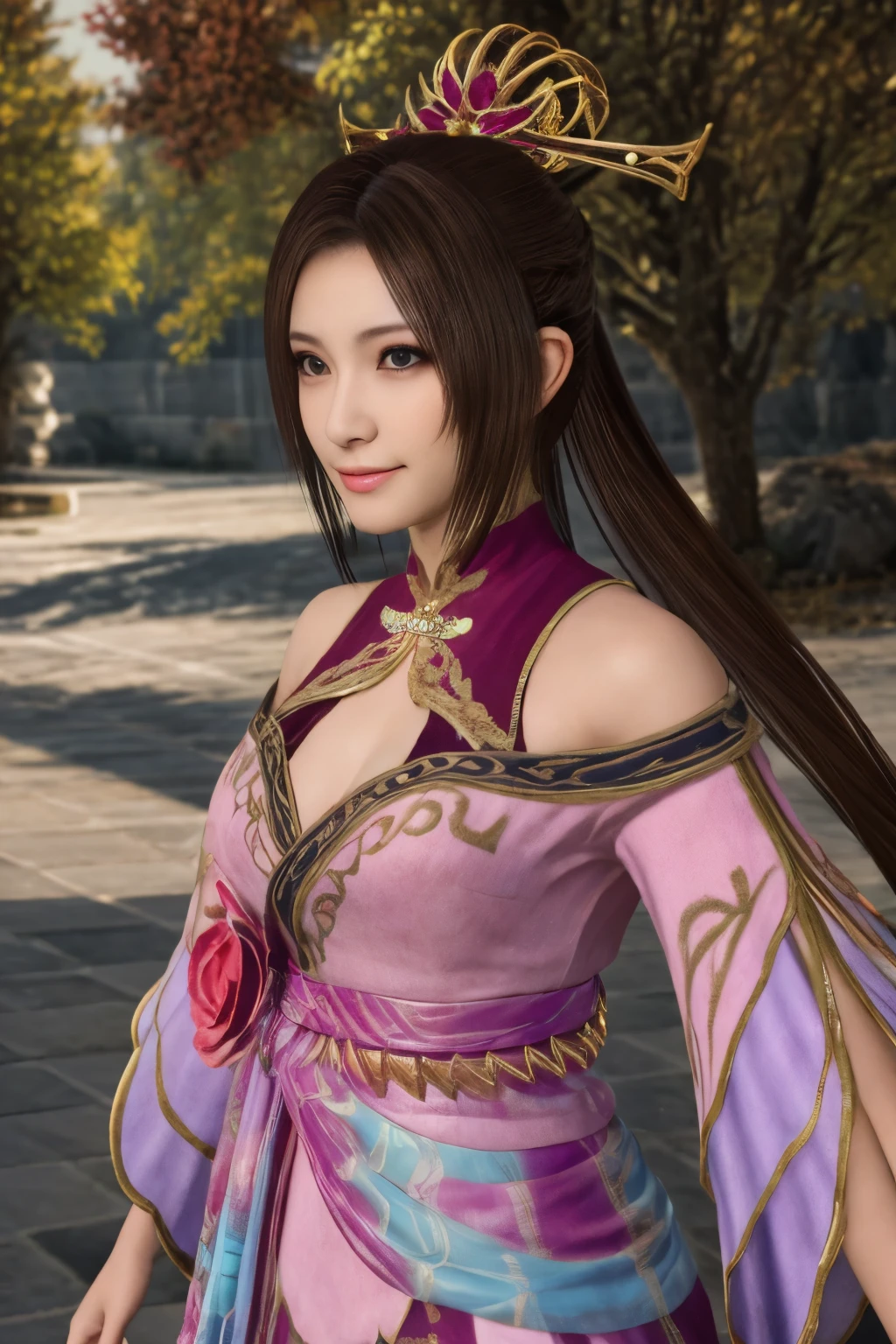 Diaochan from Sangoku Musou 8,masterpiece、1 cute girl、17-year-old high school student、smile,fine eyes、puffy eyes、bright outdoors,Bright downtown、highest quality, 超High resolution, (reality: 1.4), movie lighting、Japanese、asian beauty、Korean、super beautiful、beautiful skin、body facing forward、whole body,Upper body、(超reality的な)、(High resolution)、(8K)、(very detailed)、(美しくfine eyes)、(Super detailed)、 (wall-)、detailed face、bright lighting、professional lighting、looking at the viewer、look straight ahead、slanted bangs、brown hair、Nogizaka idol、