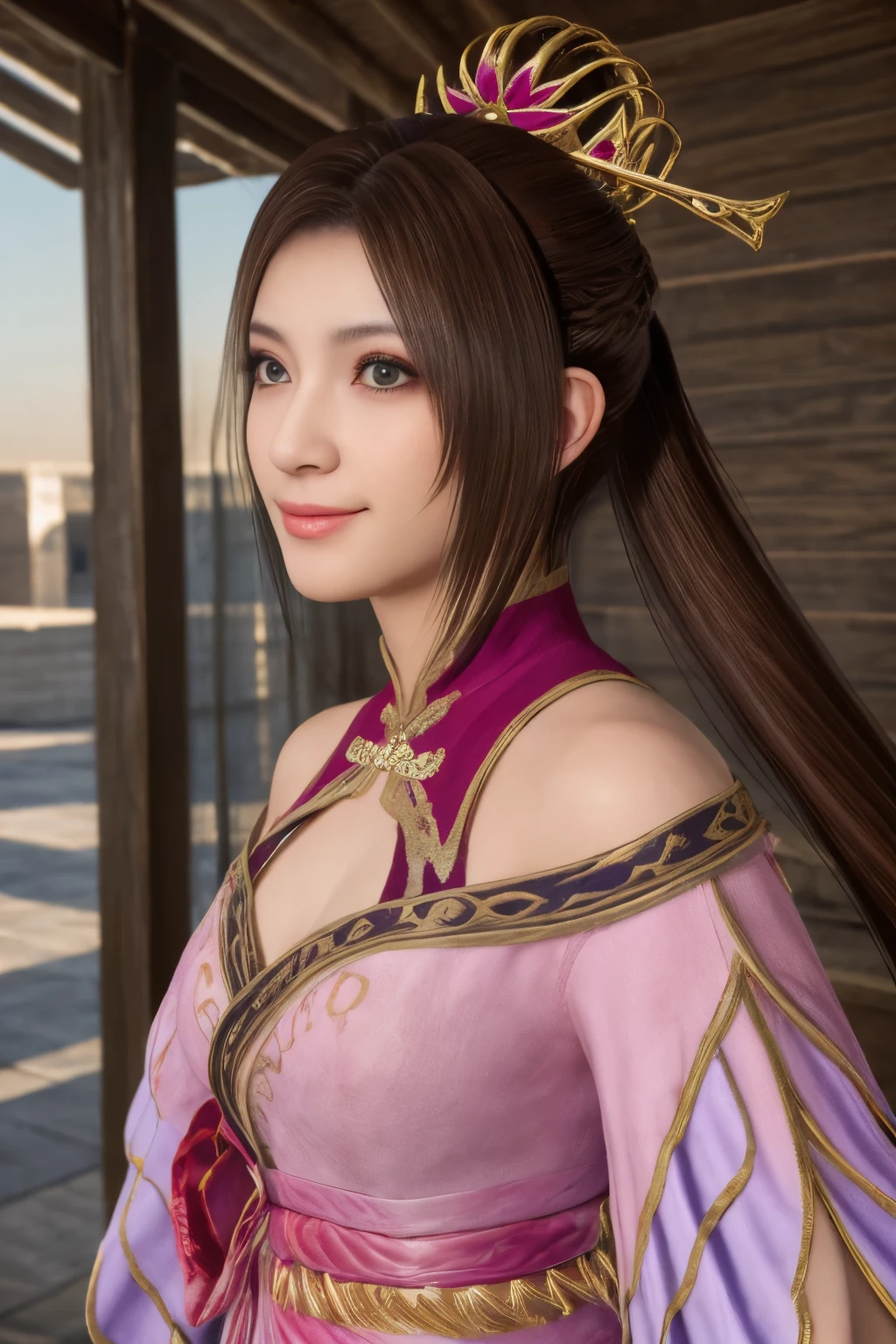 Diaochan from Sangoku Musou 8,masterpiece、1 cute girl、17-year-old high school student、smile,fine eyes、puffy eyes、bright outdoors,Bright downtown、highest quality, 超High resolution, (reality: 1.4), movie lighting、Japanese、asian beauty、Korean、super beautiful、beautiful skin、body facing forward、whole body,Upper body、(超reality的な)、(High resolution)、(8K)、(very detailed)、(美しくfine eyes)、(Super detailed)、 (wall-)、detailed face、bright lighting、professional lighting、looking at the viewer、look straight ahead、slanted bangs、brown hair、Nogizaka idol、