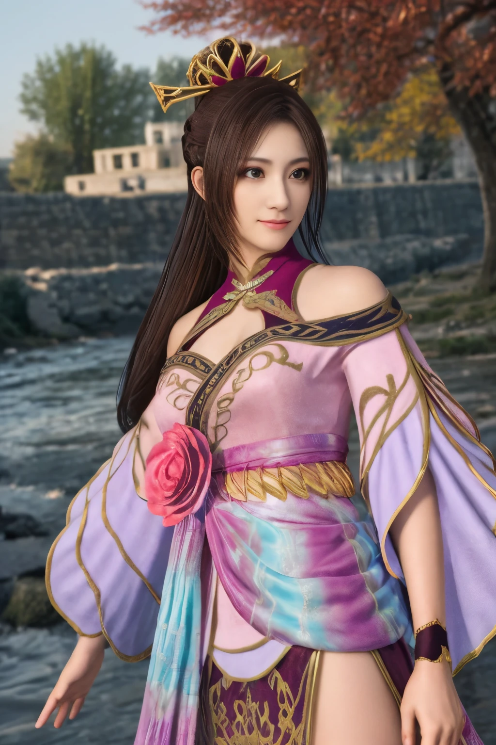 Diaochan from Sangoku Musou 8,masterpiece、1 cute girl、17-year-old high school student、smile,fine eyes、puffy eyes、bright outdoors,Bright downtown、highest quality, 超High resolution, (reality: 1.4), movie lighting、Japanese、asian beauty、Korean、super beautiful、beautiful skin、body facing forward、whole body,Upper body、(超reality的な)、(High resolution)、(8K)、(very detailed)、(美しくfine eyes)、(Super detailed)、 (wall-)、detailed face、bright lighting、professional lighting、looking at the viewer、look straight ahead、slanted bangs、brown hair、Nogizaka idol、