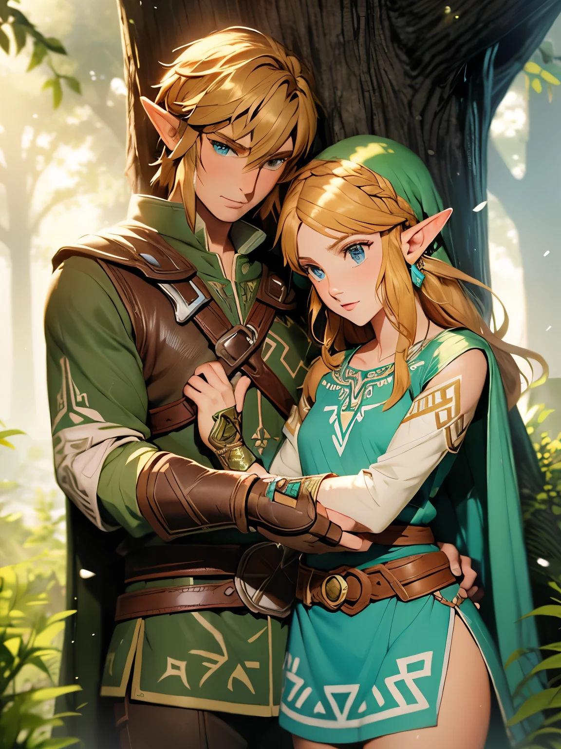 legend of zelda, green and bronze, painting, nestle, link and zelda
