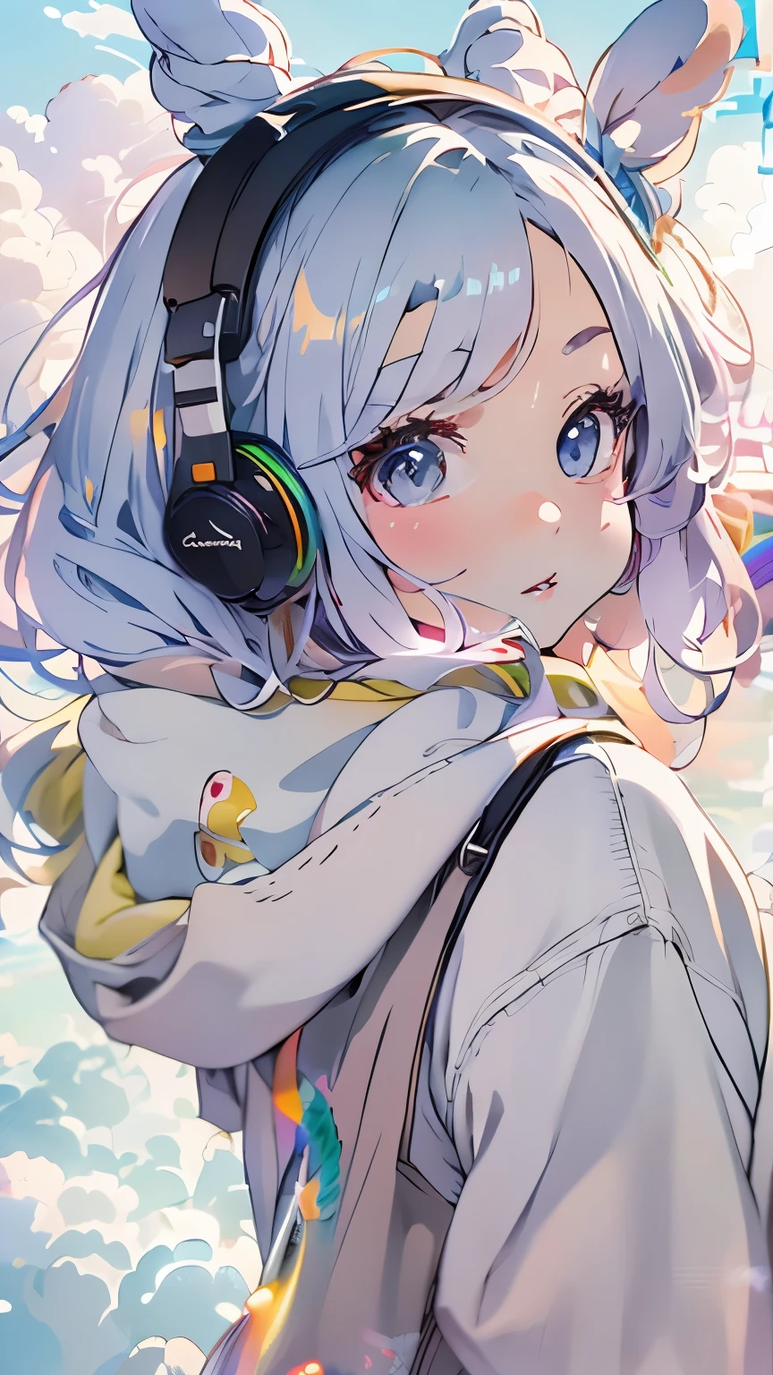 Wearing Sony headphones、headphones、one girl、Magical girl、perfect anatomy、small face、plump lips、look of suspicion、topknot、Modern hoodies、knee socks、(((The background is pastel colored clouds:1.5、rainbow、blurred background)))、highest quality、High resolution、High resolution、cinematic lighting、professional photographer