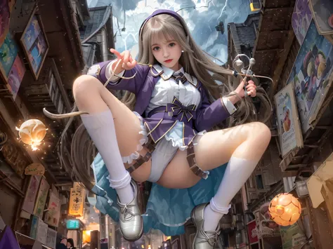 highest quality、masterpiece、(Photoreal:1.4)、(((RAW photo:1.4)))、cyber punk、beautiful feces、(1 magical girl)、16 years old, (Twin-tailed brown hair:1.4), (White ribbon to stop hair), (Platinum Silver Accessories:1.4)、(White school uniform:1.4)、(surprised exp...