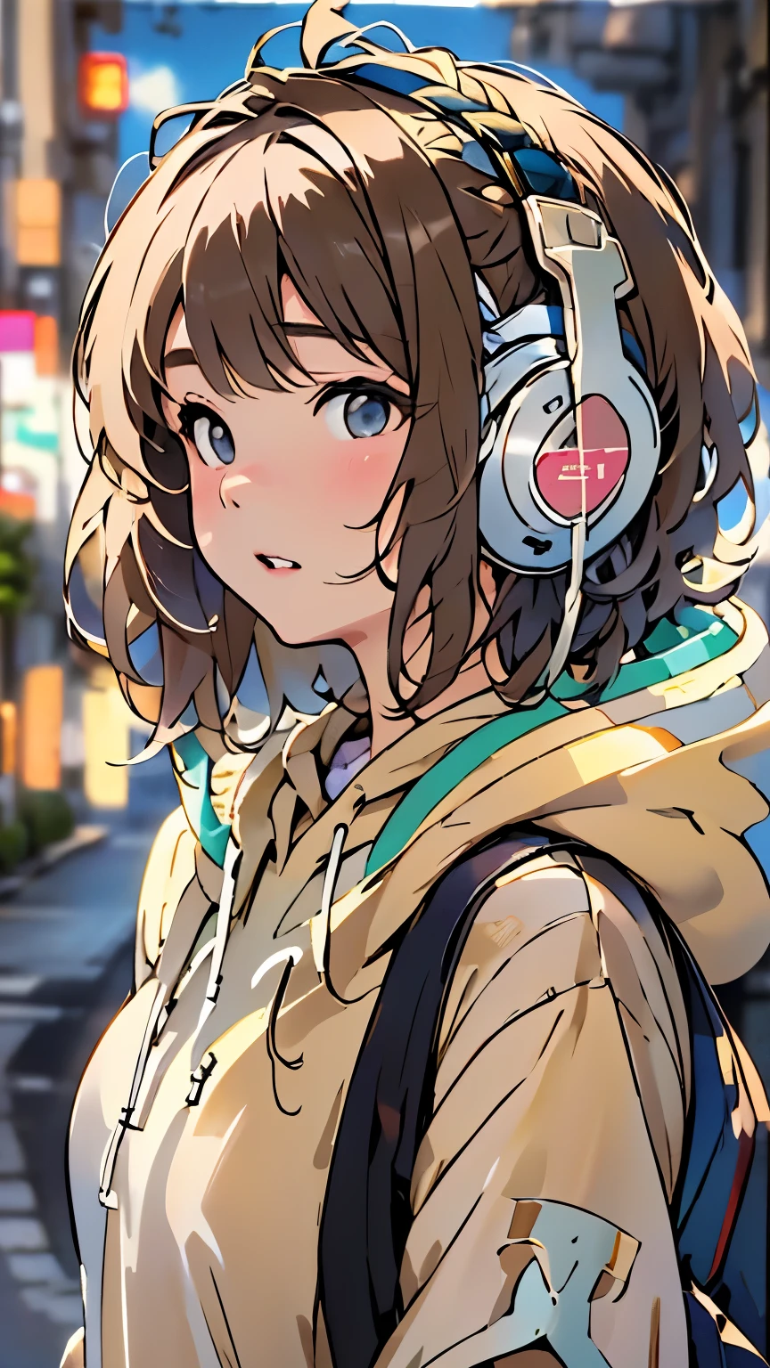 sonyのcasque de musiqueを着用している:1.5、casque de musique、une fille、Fille magique、anatomie parfaite、Petit visage、des lèvres charnues、cheveux bruns、coiffure distinctive、air soupçonneux、Sweats à capuche modernes、chaussettes、(((Arrière-plan flou、coin de la rue、Paysages de tous les jours)))、la plus haute qualité、Haute résolution、Haute résolution、éclairage cinématographique、Photographe professionnel