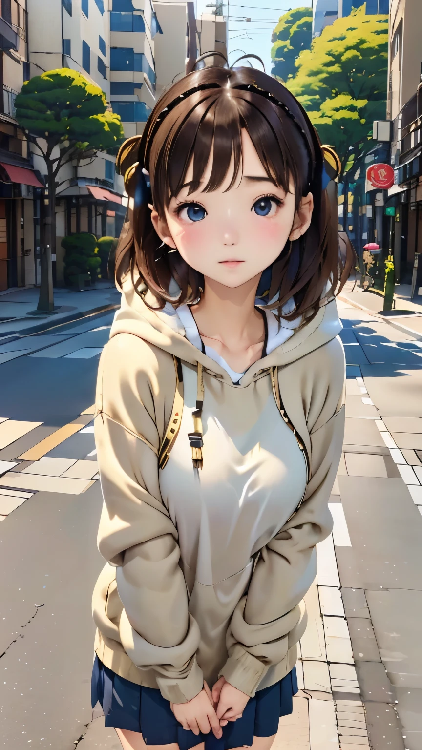 (((sonyのheadphoneを着用している:1.5、headphone)))、one girl、Magical girl、perfect anatomy、small face、plump lips、brown hair、distinctive hairstyle、look of suspicion、Modern hoodies、knee socks、(((blurred background、street corner、Everyday scenery)))、highest quality、High resolution、High resolution、cinematic lighting、professional photographer