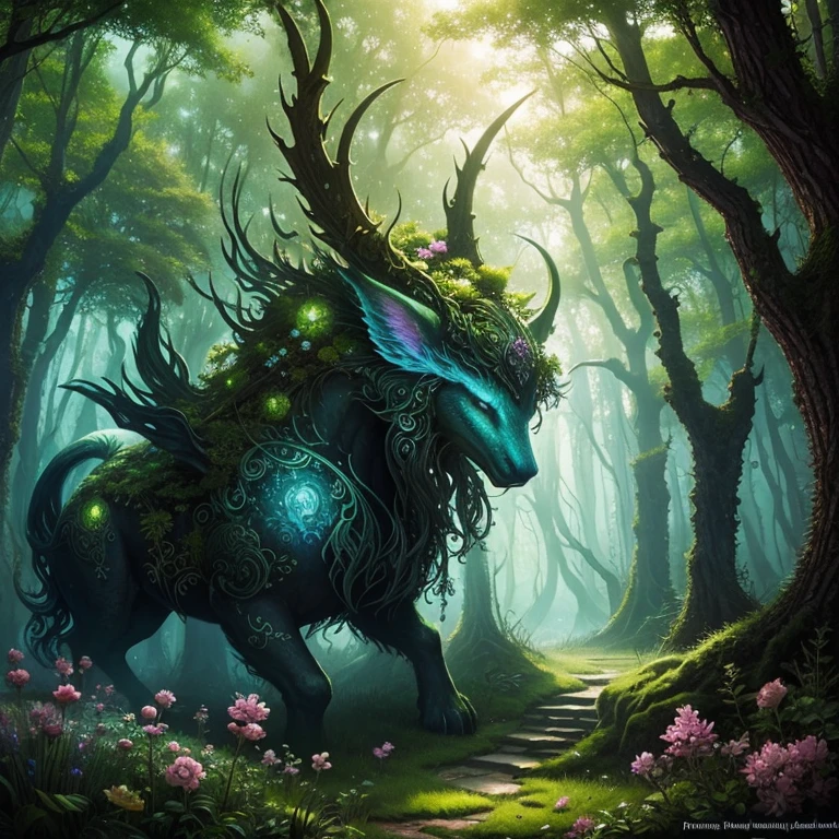 Fantastical nature realm. Enchanted forests. Mythical creatures. Luminous flora. By fantasy artist.