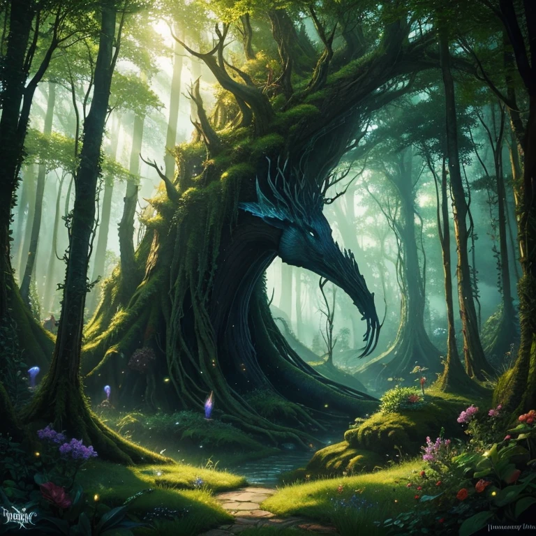 Fantastical nature realm. Enchanted forests. Mythical creatures. Luminous flora. By fantasy artist.