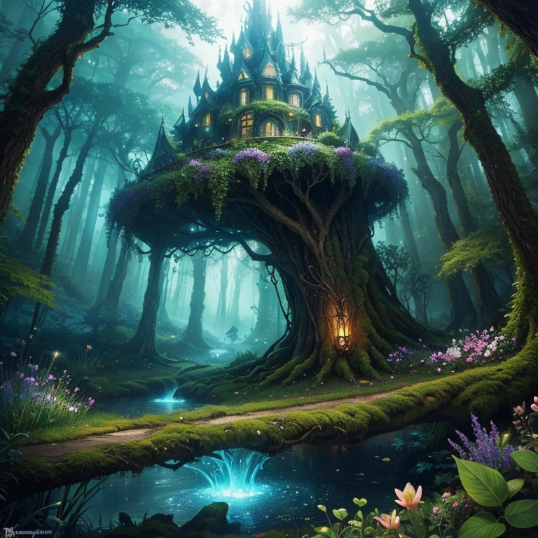 Fantastical nature realm. Enchanted forests. Mythical creatures. Luminous flora. By fantasy artist.