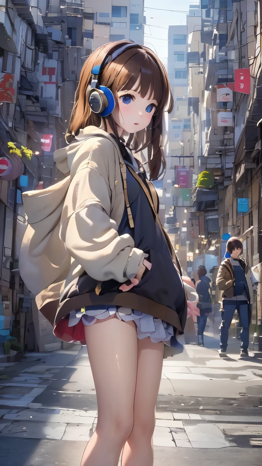 Wearing Sony headphones:1.5、headphone、one girl、Magical girl、perfect anatomy、small face、plump lips、brown hair、distinctive hairstyle、look of suspicion、Modern hoodies、knee socks、(((blurred background、street corner、Everyday scenery)))、highest quality、High resolution、High resolution、cinematic lighting、professional photographer