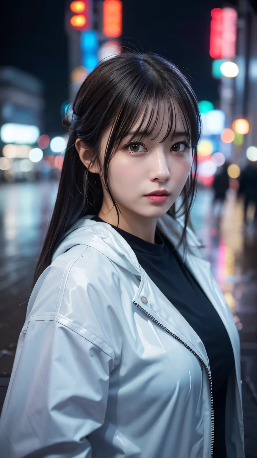 8K, RAW photo, highest quality, masterpiece:1.2),(realistic, photo-realistic:1.37),tokyo street,night, rain, Wet:1.2,cityscape,night, cyberpunk city,soft light,1 girl,, very beautiful face,big bust,put down hands,random hairstyle,random hair color,random expression,pigs knee