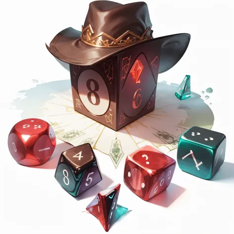 1thing, MagicItem_v1, DnD magic item, Gambling Dice - When rolled this set of six sided dice will always roll 6s, (colored splat white background)