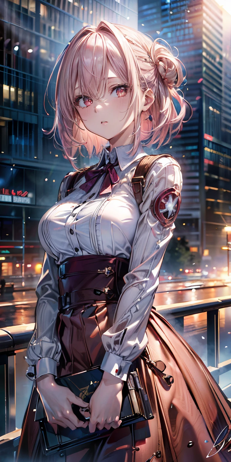 pink hair, (official art、highest quality、Unity 8k wallpaper、32K、​masterpiece、super detailed、超A High resolution、realistic、Photoreal:1.2)、(cinematic lighting:1.2), High resolution, (masterpiece: 1.4), Super detailed, one girl, platinum blonde, medium hair, red eyes, windows on the facade of a skyscraper, cowboy shot,