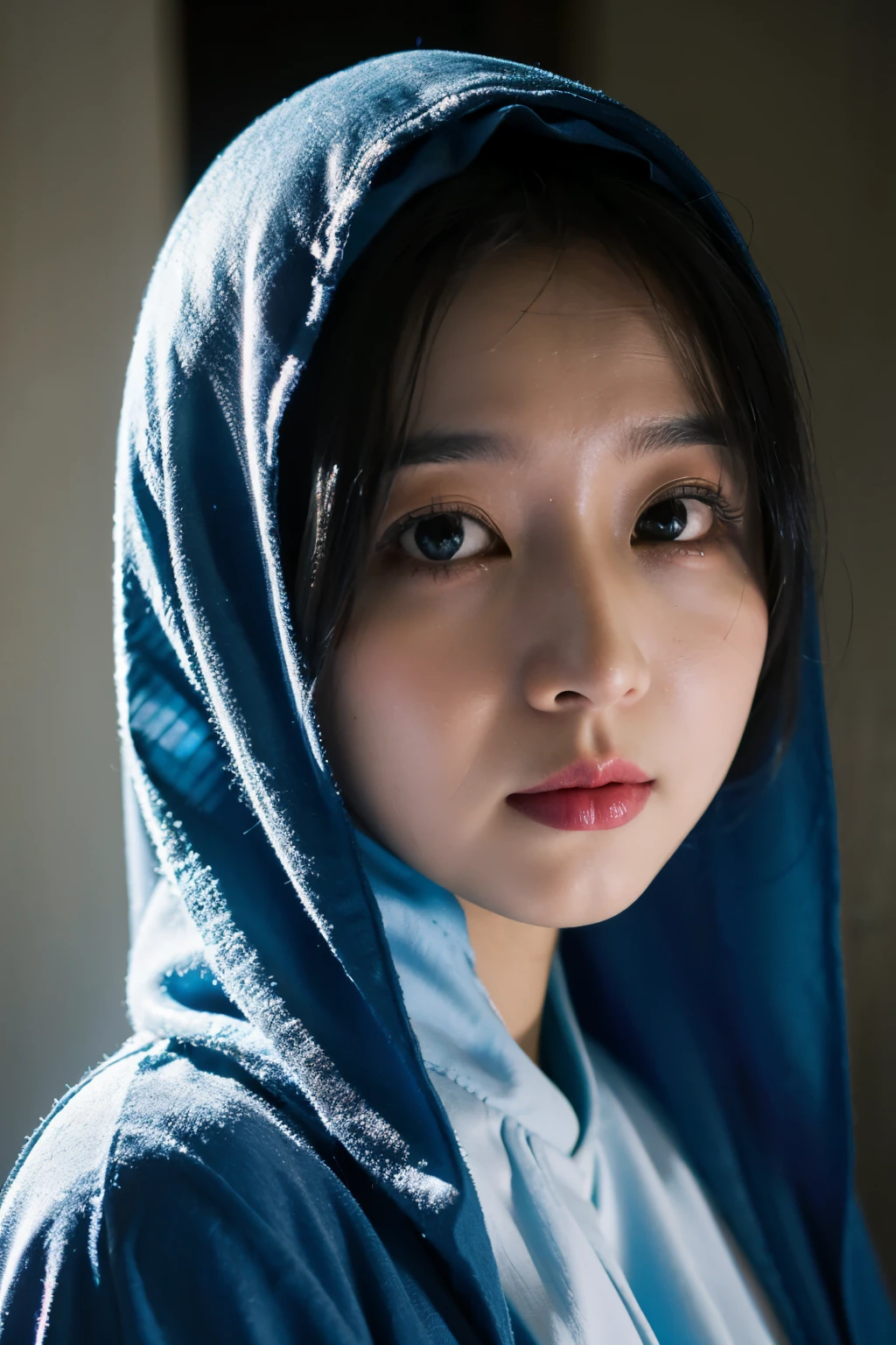 best quality, masterpiece, realistic:, luminate, beautiful muslim, hijab, twirling hijab, fully covered robe, 1 girl, blue hijab, blue eyes, Front, detailed face, beautiful eyes, close up shot, dark blue dress, tight dress, super shiny dress, ao dai dress, volumetric lighting, gorgeous body, moist skin, 50mm f1.4 lens, fully covered dress, ornamented robe, close up portrait, young face, cute asian face, 