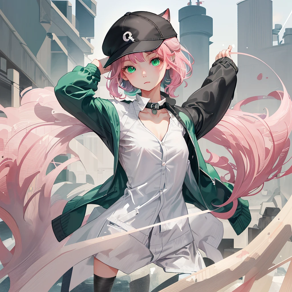 simple background，a girl，pink hair,green eyes,,Hair that only reaches the shoulders， Stand straight，Only upper body picture included， Black and white stylish jacket，Baseball cap with animal ears，flat chest，fashion,Two dimensions，