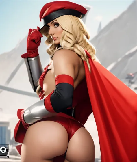 blonde female cosplying cammy bison, dressed in a red cape and a red cape is posing, (((view from the back))), cosplay, cammy, cosplayer, cutesexyrobutts, jessica nigri, glamourous cosplay, range murata and artgerm
