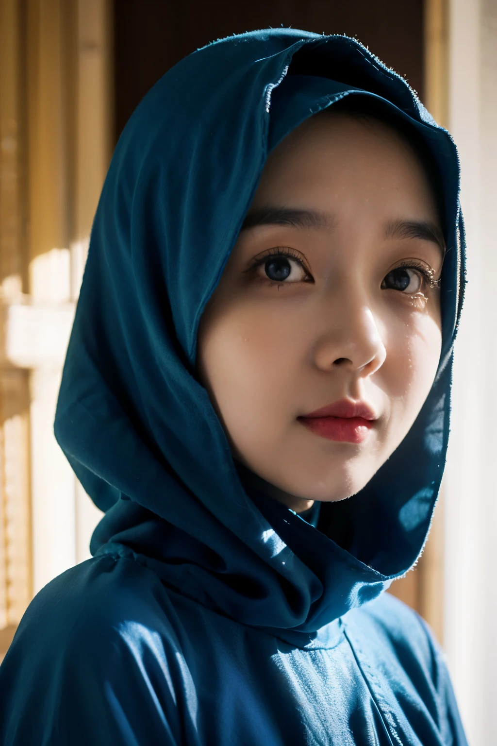 best quality, masterpiece, realistic:, luminate, beautiful muslim, hijab, twirling hijab, fully covered robe, 1 girl, blue hijab, blue eyes, Front, detailed face, beautiful eyes, close up shot, dark blue dress, tight dress, super shiny dress, ao dai dress, volumetric lighting, gorgeous body, moist skin, 50mm f1.4 lens, fully covered dress, ornamented robe, close up portrait, young face, cute asian face, 