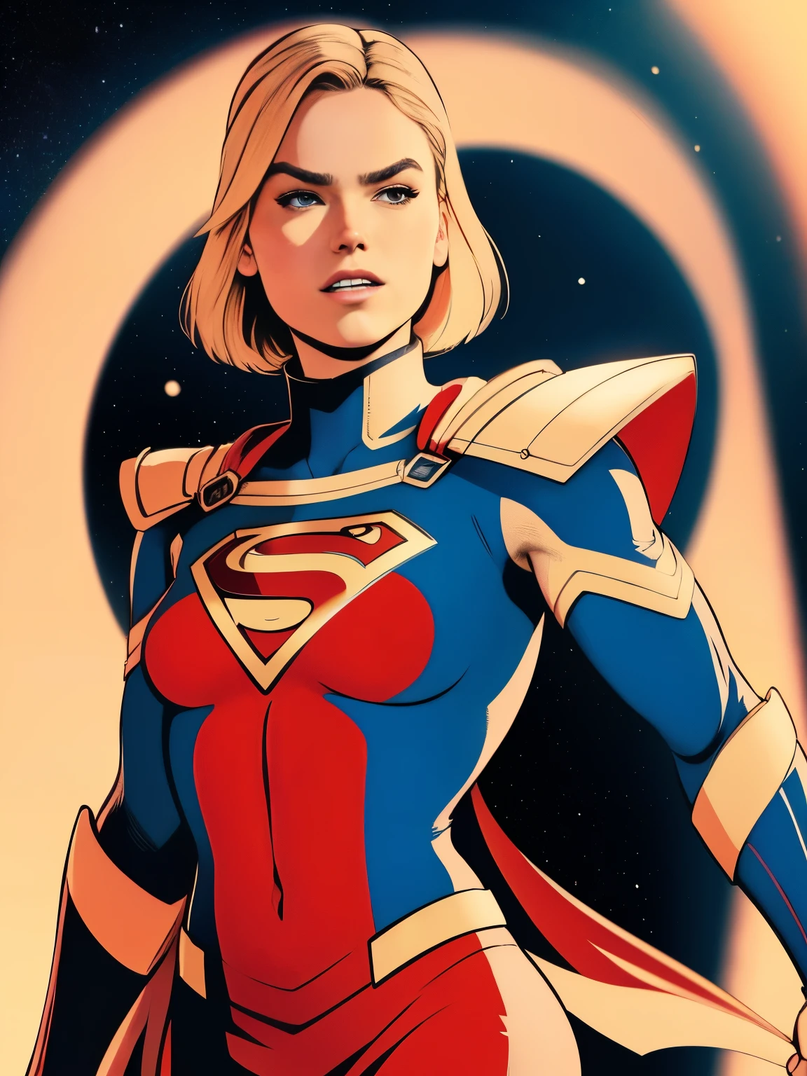 Cinema poster. (((Um estilo cômico, arte dos desenhos animados))). Supergirl posando para foto (((em pose heróica épica))) , vestindo seu icônico uniforme vermelho e azul, Vestindo uma saia vermelha . ((Rosto de Milly Alcock)),(((Magro, corpo, Slender Hot corpo))). ((((Fundo espacial cósmico cinematográfico )))) , cores vivas, detalhado, detalhado face, sombras realistas e brilhantes, brilhante.