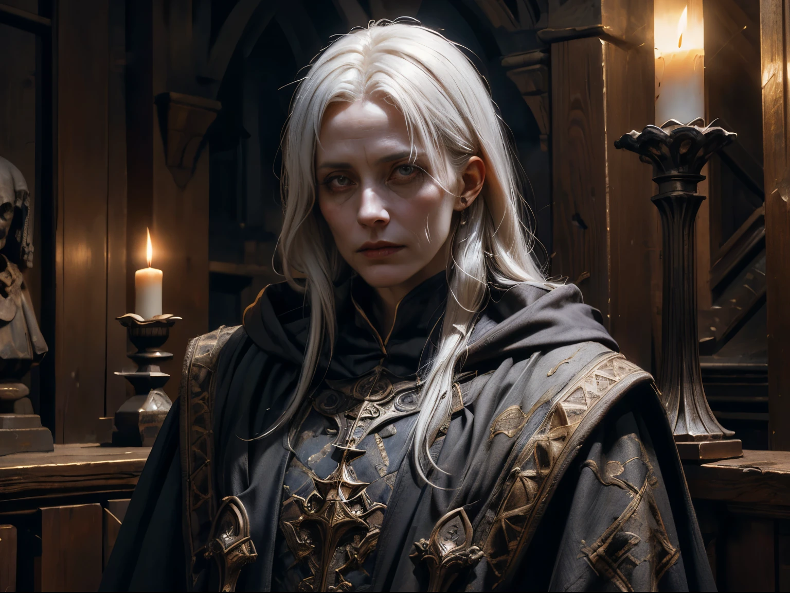 white-haired, fair-skinned middle-aged woman wearing a grayish cloak, full-body, wrinkles on the face, medieval, RPG, cultist,(best quality, highres, ultra-detailed), (realistic:1.37), detailed eyes, sharp focus, studio lighting, mystical atmosphere, dark color scheme, intricate patterns, aged leather texture, ancient symbols, candlelight, mysterious aura, haunting expression, (concept artists), (horror:0.9), (fantasy:1.1), (medieval:1.1), (role-playing:1.1), (cultish:1.1), (magic:1.1)