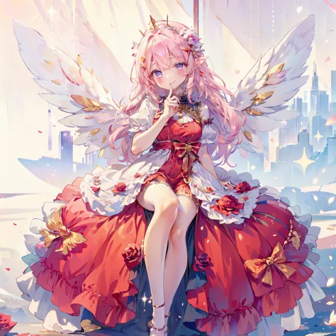 white background,((rose field)),(((Are sleeping))),shot from above,,soft expression,(smile with your mouth slightly open),((long red dress that covers the legs)),((Sparkling red fluffy layered ball gown)),A large and beautiful dress inspired by rose flower...
