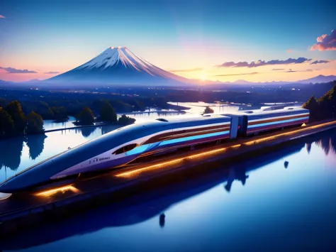 fuji mountainを背景にしたの水上の新幹線の絵,approaching while curving to the left,accurate depiction,dawn,snake pattern shinkansen,sunrise,sunr...