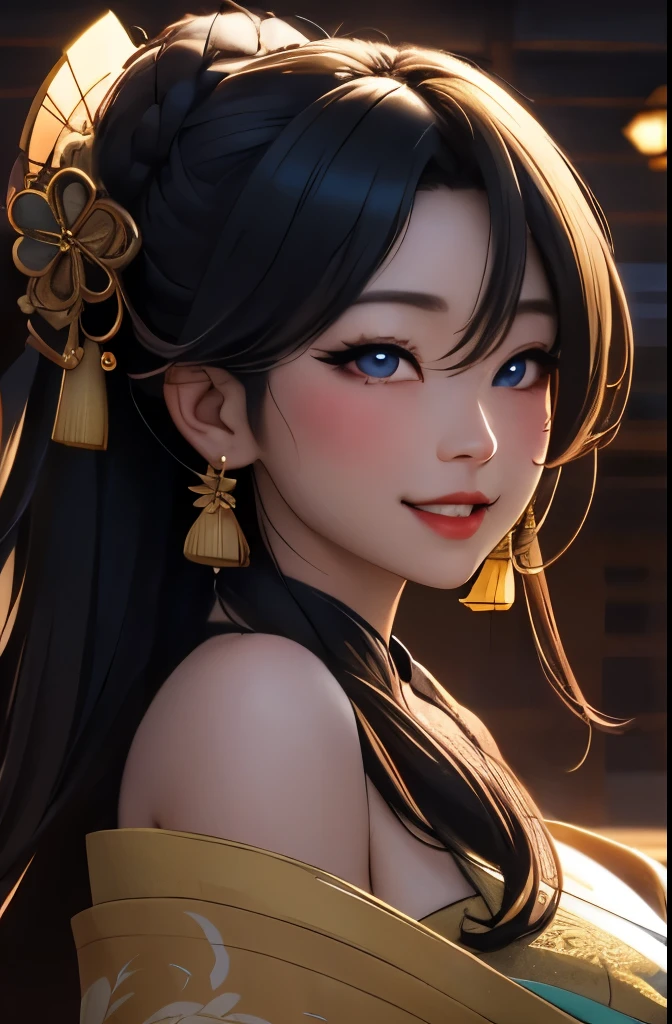 Beautiful flirtatiously smiling Asian, a very busty ronin wearing gold lace kimono, Meiji restoration, blue eyes, focused on the viewer, yojimbo, cleavage, off the shoulders, HD, UHD, WLOP, Artgerm, braided hairstyle, large anime eyes, realistic eyes, highly detailed eyes, natural skin, natural skin texture, subsurface scattering, muted colors, skin pores, perfect face, perfect eyes, perfect full lips, supple female form, vivid, cinematic, Film light, Hyper detailed, Hyper-realistic, masterpiece, atmospheric, High resolution, Vibrant, High contrast, dark angle, 8k, HDR, 500px, in a shoin zukuri style house, 