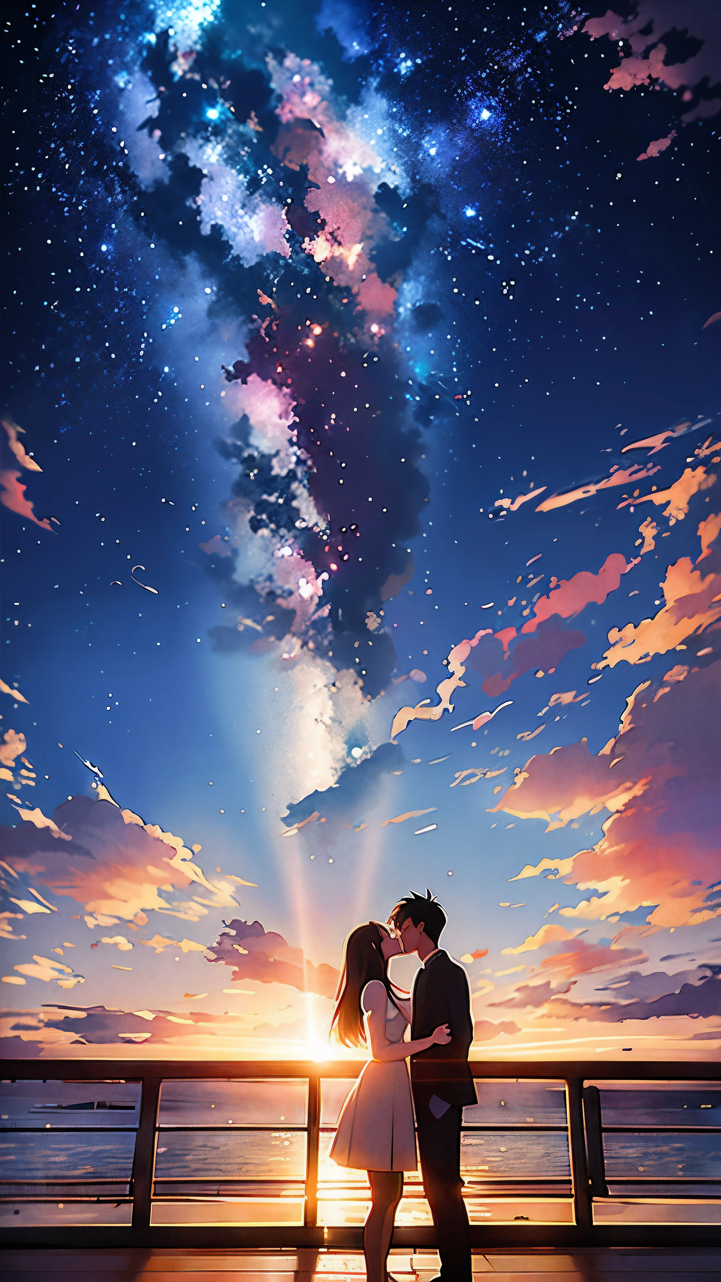 Аниме-пара целуется под звездами в небе, космическое небо. by Макото Синкай, ( ( Макото Синкай ) ), аниме небо, Ваше имя, guweiz and Макото Синкай, Макото Синкай cyril rolando, аниме фильм фон, Макото Синкай. —ч 2160, Кими но на ва