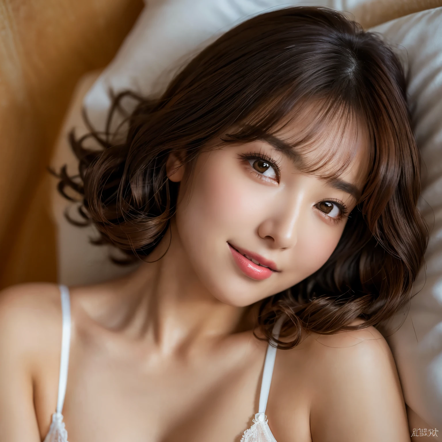 ((masterpiece, highest quality, High resolution, Photoreal, RAW photo, 8k wallpaper)), very detailed, A smile staring at me、(1 45 year old Japanese mature woman:1.1)、(accurate anatomy:1.1)、 women sexy, detailed face, beautiful eyes, bangs, soft little cleavage、(finest bra、finest panties)、perfect makeup、long eyelashes、lipstick、(very short hair:1.1), plump and beautiful lips, Beautiful shiny lips、(woman face closeup:1.1)、(Luxury love hotel bedroom:1.1)、(There are curls on the ends of the hair:1.1)、Warm and romantic lighting, moody colors