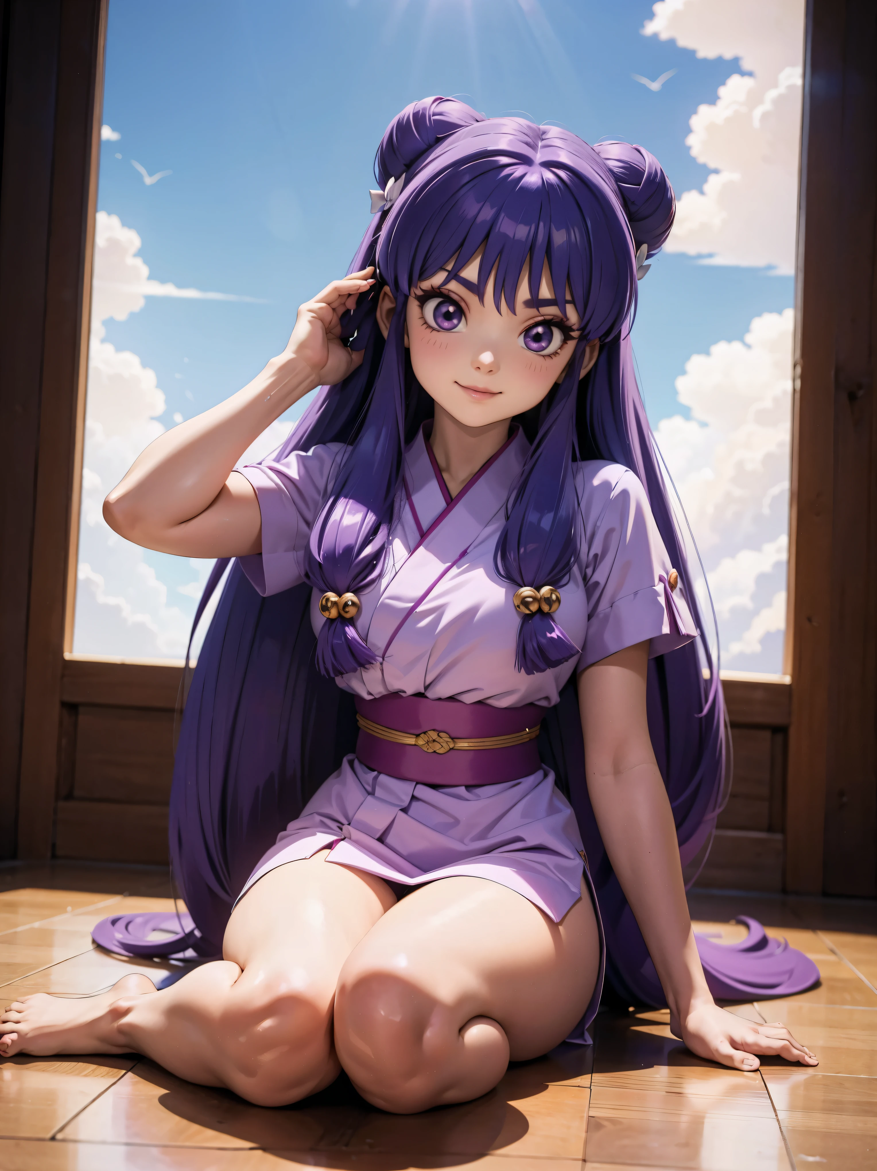 Garota anime sorrindo cabelo purple longo, usando kimono purple florado muito lindo e sexy, 16 anos, agachada, sentada com pernas cruzadas, mãos no cabelo, COM AS MÃOS ATRÁS DA CABEÇA, corpo bonito, seios grandes, cabelo roxo purple, cabelo roxo longo, garota sexy, cabelo roxo longo, iluminação linda, sombras suaves, olhos azuis, pernas bonitas, cabelo com trança, estilo anime, Personagrm Shsmpoo, Autora Rumiko Takahashi, Baseado em obra de Rumiko Takahashi, Anime Ranma 1/ 2, decote sexy, quadril robusto, corpo inteiro, corpo completo, busto grande, garota jovem com corpo belo e bonito, sandália nos pés, garota  jovem baixa estatura, vestindo kimono justo purple lindo e sexy, garota anime, estilo anime, lindos pés em sandálias, sentado no chão, ângulo de visão 45°, gesto sexy