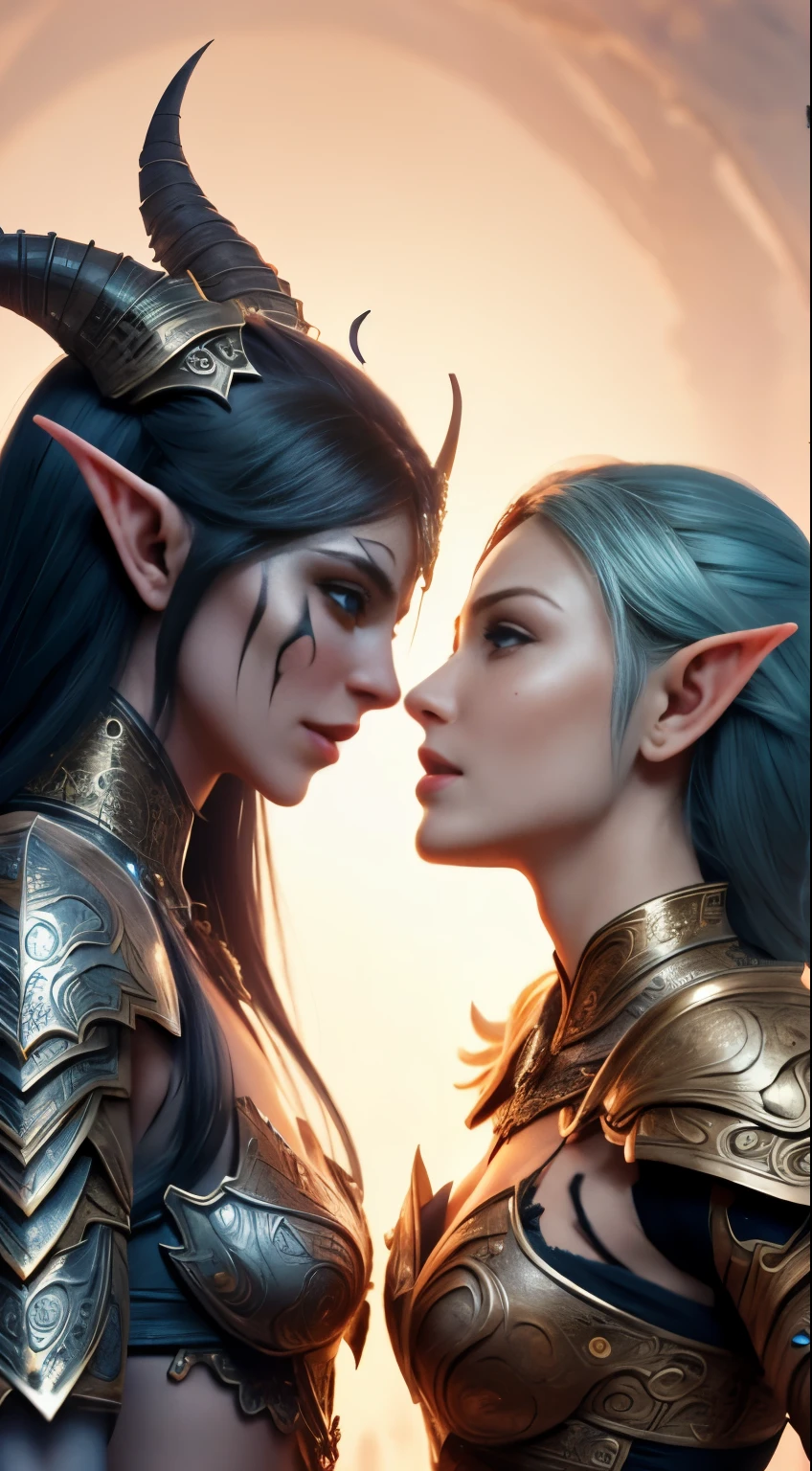 a beautiful female elf warrior and a beautiful female orc warrior, face to face, they are caressing each other, 8k, ultra realistic, extremely detailed