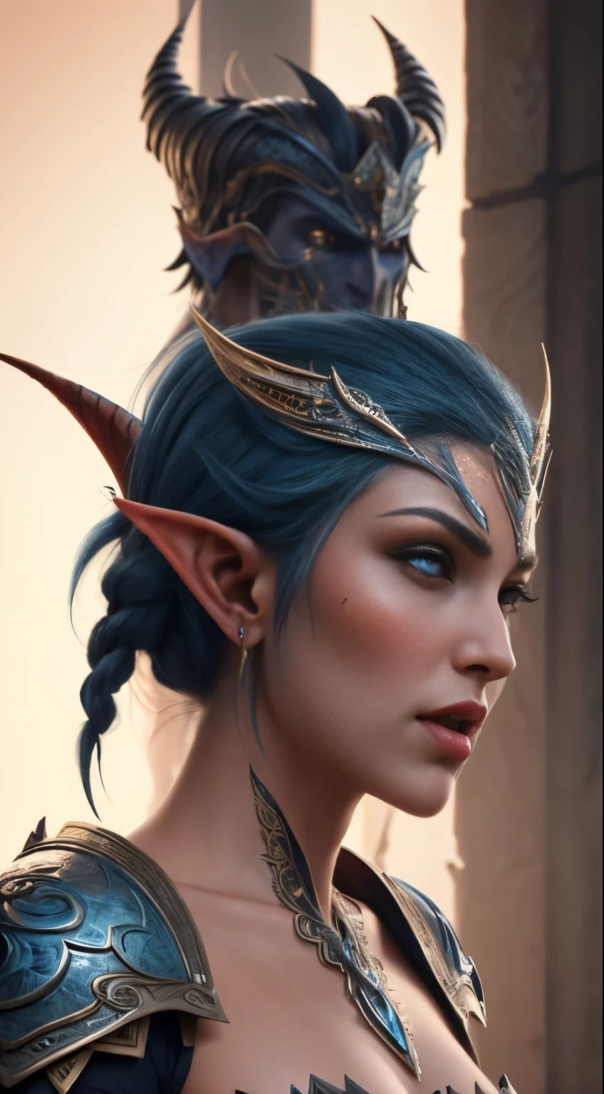 a beautiful female elf warrior and a beautiful female orc warrior, face to face, they are caressing each other, 8k, ultra realistic, extremely detailed