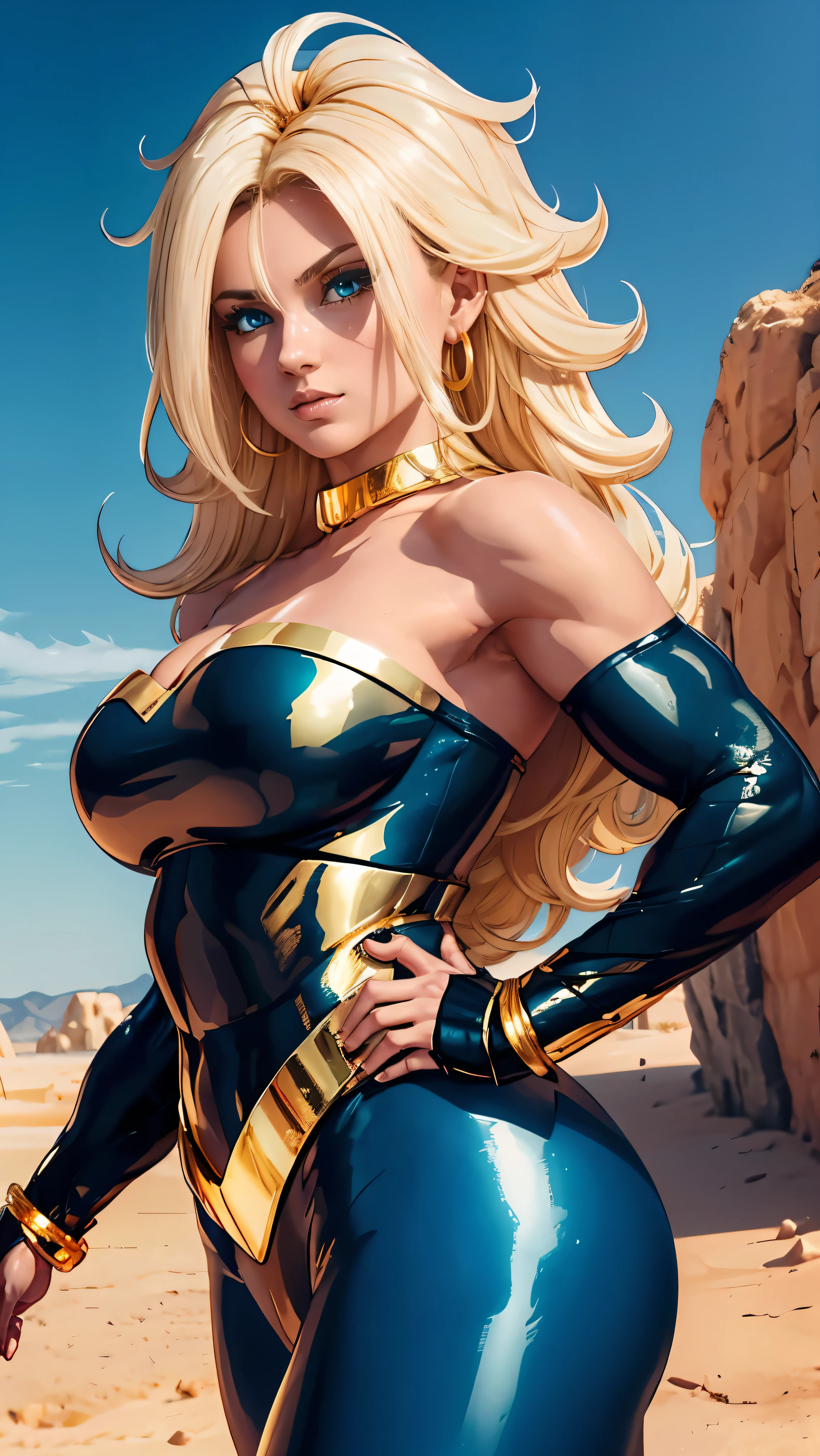 Svetlana Lyndowskaya, 29 anos, gold strapless bodysuit, coxas expostas, gold armour, Super Hero Woman , gold armbands, lgold gauntlets, colar gargantilha de douro, tiara dourada, brincos grandes de argola, faixa dourada, pose majestosa, blonde hair, cabelos soltos, Curvy athletic body, Muscles, coxas, breasts, Exposed glutes, Side view of the body, olhos azuis, look-at-camera, facial expression of tenderness, Romantismo, deserto de areia, pedras, night sky, luz lunar, raios de luz