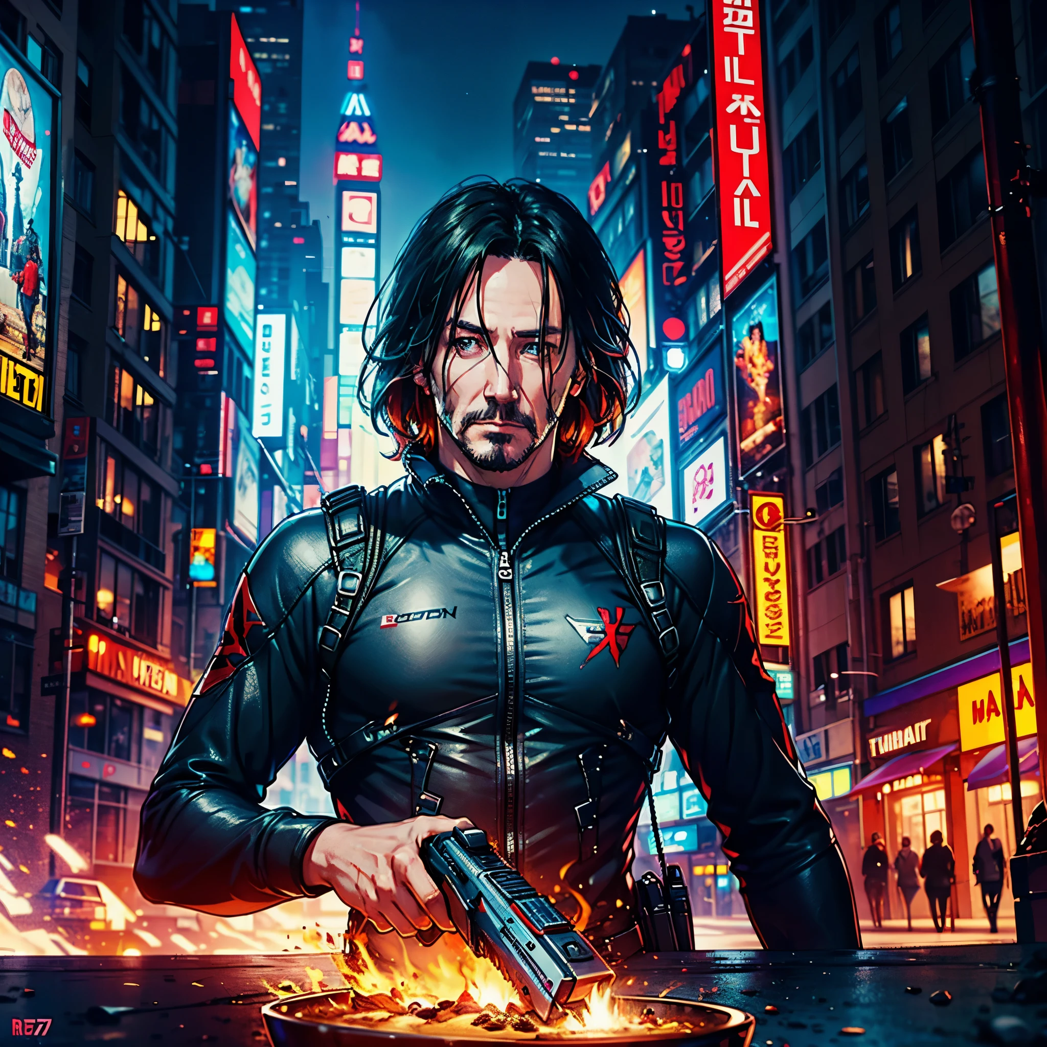 Keanu Reeves, (Poster: 1.6), Complex Detail, fine details, hyper-detailing, ray traced, Subsurface dispersion, Diffused soft lighting, Shallow depth of field, by Oliver Wetter, an intricate, ultra high-detailed, ultra sharp-focus, tension, Photorealistic painting (by Greg Rutkowsky:1.4), bokeh, The left arm of the robot is made of silver, T-shirt bulletproof vest on a naked body, purple jeans, Black Boots, cyberpunk 2077, Red Aviator Glasses, Silver prosthetic arm, in full height, Sateen, hairstyle, shoulder-length hair, Tatoo, Johnny Silverhand, Holds an electric guitar, Open Stage, city of the future, A lot of spectators, Black skyscrapers, ulra high-resolution, ultra high-quality, uhd, hdr