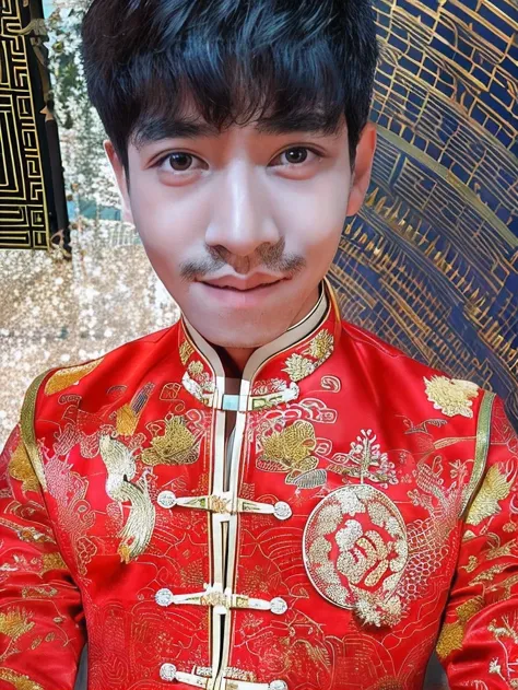 Young Asian man Arav wears a red jacket and gold tie., wearing a red Cheongsam, Chinese style, Chinese dress, wear red dress, With traditional Chinese clothes, Chai Sake, inspired by Chen Chi, Inspired by Bian Shoumin, lost, Inspiration from Wu Chunshifan,...