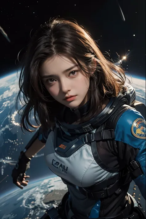 a beautiful woman. twenty years old. dark brown hair. she has a tense expression on her face.a simple space suit. no visor. an i...