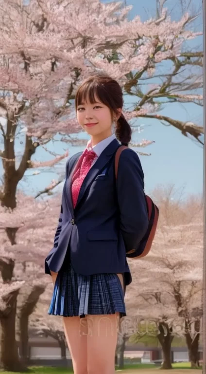 a girl in school uniform standing under cherry blossom tree, iwakura lain, realistic, real human, 8K, detailed