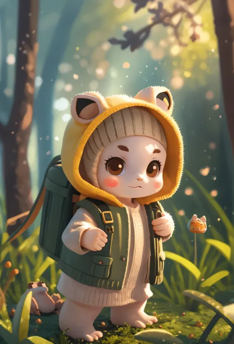 Cute (((baby toad))) fluffy fur wearing Jedi master outfit and backpack, forest background is blurred, Adorable Digital Painting...