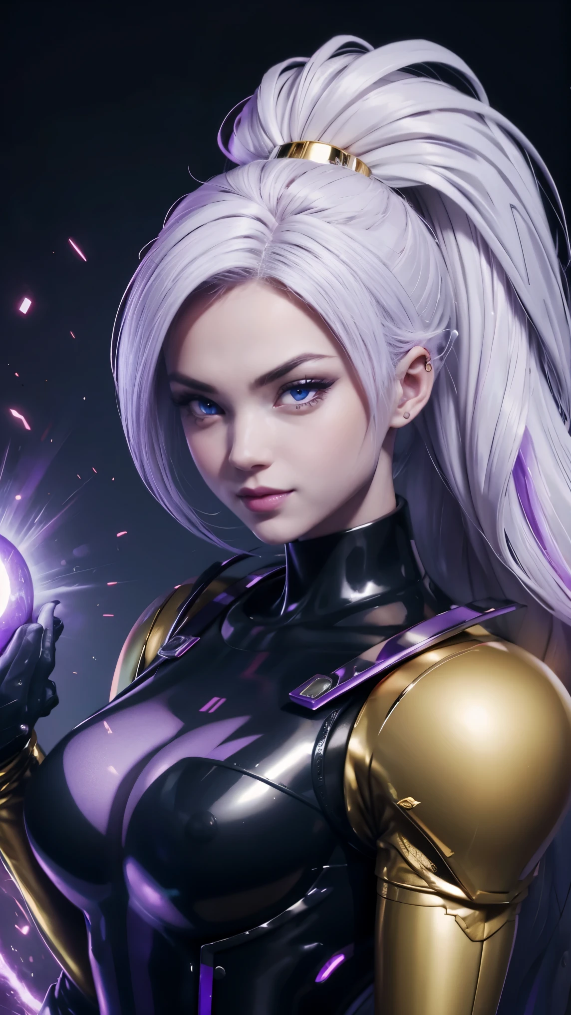 A barbie transforming into a dark super saiyan with purple hair and glowing purple eyes