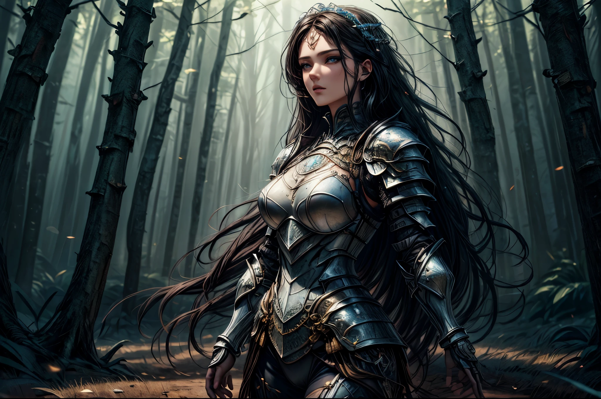 a picture of woman paladin of nature protecting the forest, a woman knight, black hair, long hair, full body (best details, Masterpiece, best quality :1.5), ultra detailed face (best details, Masterpiece, best quality :1.5), ultra feminine (best details, Masterpiece, best quality :1.5), black hair, long hair, braided hair, pale skin, (deep blue: 1.2) eyes, intense eyes, wearying heavy armor, white armor (best details, Masterpiece, best quality :1.5), green cloak, armed with a sword, glowing sword, fantasy forest background, D&D art, RPG art, magical atmosphere magic-fantasy-forest, ultra best realistic, best details, best quality, 16k, [ultra detailed], masterpiece, best quality, (extremely detailed), ultra wide shot, photorealism, depth of field, hyper realistic painting