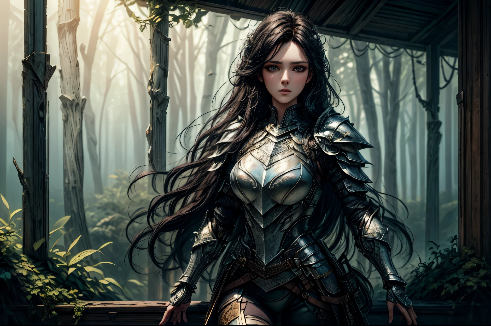 uma foto de uma mulher paladina da natureza protegendo a floresta, uma mulher cavaleiro, Cabelo preto, cabelo longo, corpo todo (melhores detalhes, obra de arte, melhor qualidade :1.5), ultra detalhado face (melhores detalhes, obra de arte, melhor qualidade :1.5), ultra feminine (melhores detalhes, obra de arte, melhor qualidade :1.5), Cabelo preto, cabelo longo, Cabelo trançado, pele pálida, (azul profundo: 1.2) olhos, intense olhos, vestindo armadura pesada, armadura branca (melhores detalhes, obra de arte, melhor qualidade :1.5), manto verde, Armado com uma espada, Espada brilhante, fundo de floresta de fantasia, D&Arte D, Arte RPG, atmosfera mágica floresta mágica-fantasia, ultra melhor realista, melhores detalhes, melhor qualidade, 16k, [ultra detalhado], obra de arte, melhor qualidade, (extremamente detalhado), foto ultra ampla, fotorrealismo, profundidade de campo, pintura hiper realista