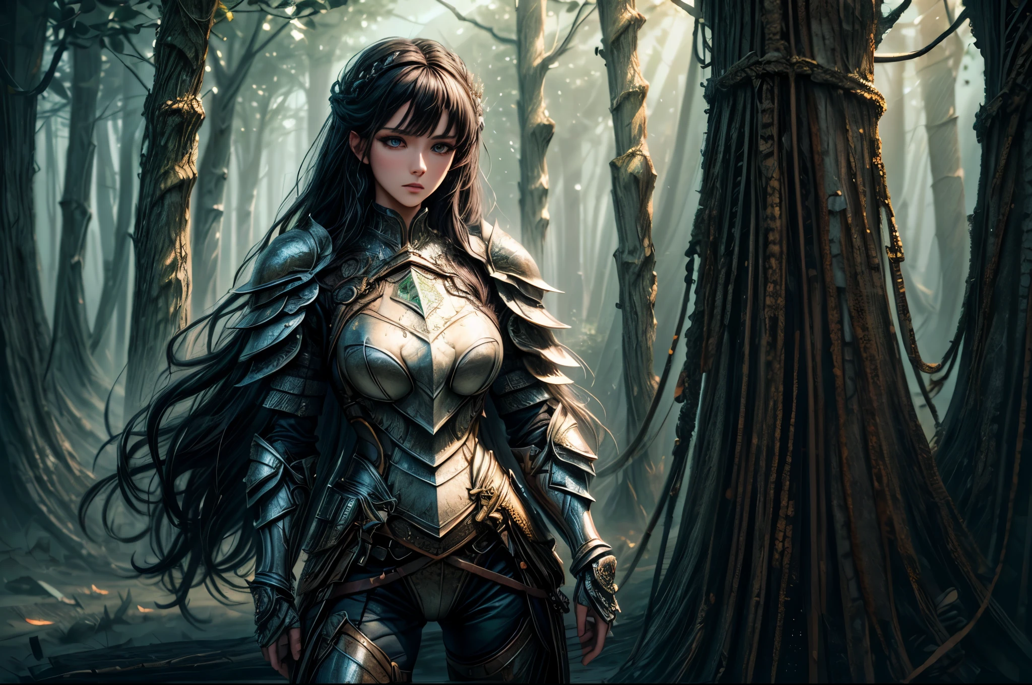 a picture of woman paladin of nature protecting the forest, a woman knight, black hair, long hair, full body (best details, Masterpiece, best quality :1.5), ultra detailed face (best details, Masterpiece, best quality :1.5), ultra feminine (best details, Masterpiece, best quality :1.5), black hair, long hair, braided hair, pale skin, (deep blue: 1.2) eyes, intense eyes, wearying heavy armor, white armor (best details, Masterpiece, best quality :1.5), green cloak, armed with a sword, glowing sword GlowingRunes_green, fantasy forest background, D&D art, RPG art, magical atmosphere magic-fantasy-forest, ultra best realistic, best details, best quality, 16k, [ultra detailed], masterpiece, best quality, (extremely detailed), ultra wide shot, photorealism, depth of field, hyper realistic painting