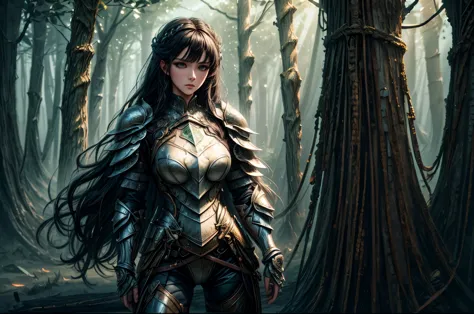 a picture of woman paladin of nature protecting the forest, a woman knight, black hair, long hair, full body (best details, mast...