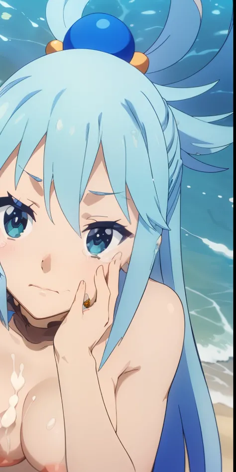 aqua, 1 girl,permanent,pose,cowboy shooting, ((nude:1.2)), hair ring, hair accessories, perfect quality, high quality, masterpiece, human development report, ultra high definition,view from above,((faint smile:1.1)),outdoor,beach,seawater,((cum on face:1.2...