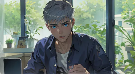 A young city man, 16 years old, silver hair, blue eyes, checks his cell phone.