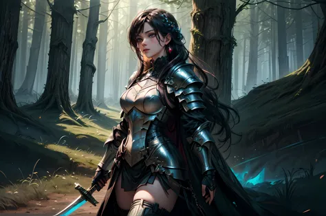 a picture of woman paladin of nature protecting the forest, a woman knight, black hair, long hair, full body (best details, mast...