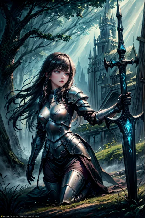 a picture of woman paladin of nature protecting the forest, a woman knight, black hair, long hair, full body (best details, Mast...