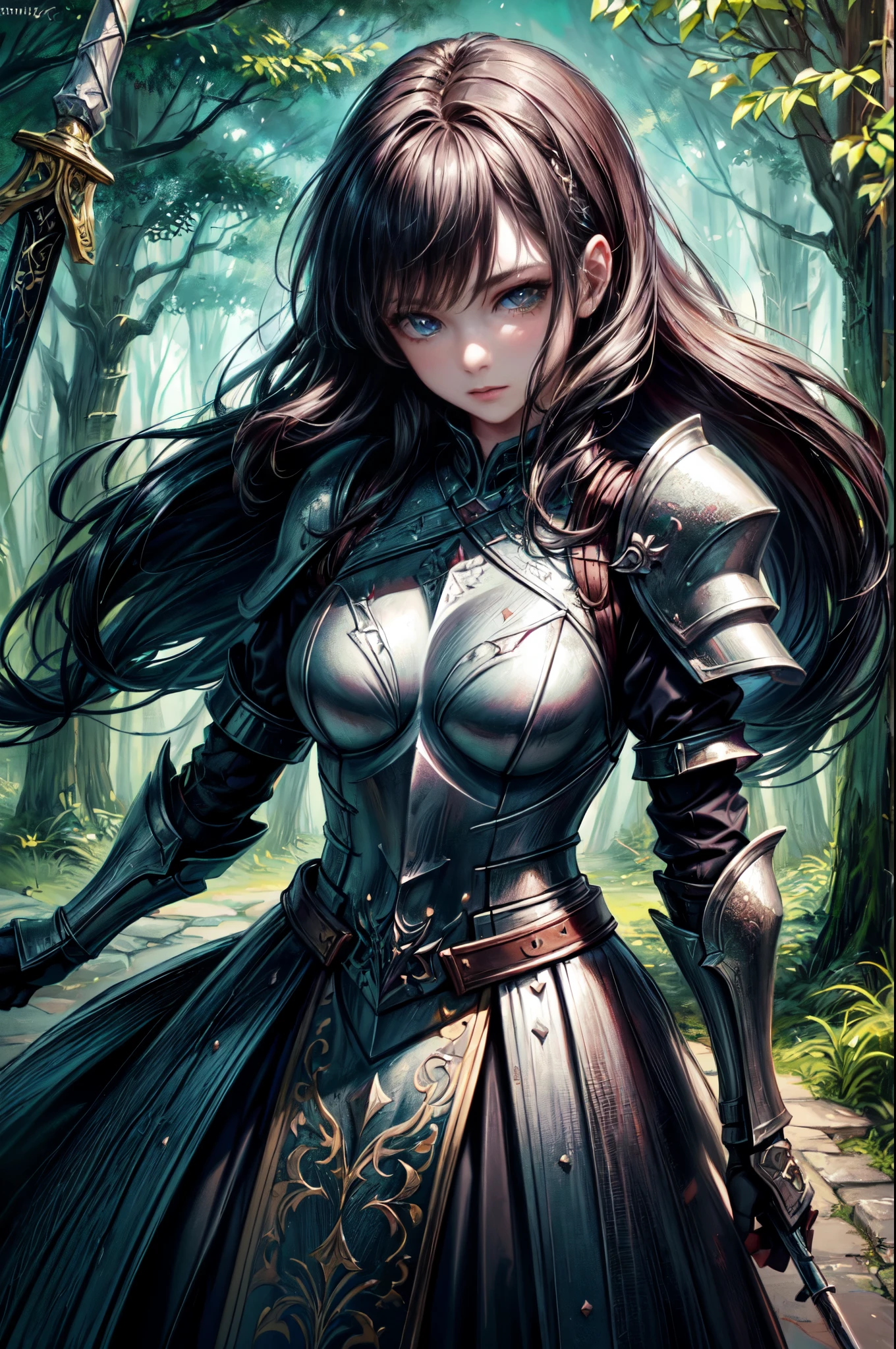 a picture of woman paladin of nature protecting the forest, a woman knight, black hair, long hair, full body (best details, Masterpiece, best quality :1.5), ultra detailed face (best details, Masterpiece, best quality :1.5), ultra feminine (best details, Masterpiece, best quality :1.5), black hair, long hair, braided hair, pale skin, (deep blue: 1.2) eyes, intense eyes, wearying heavy armor, white armor (best details, Masterpiece, best quality :1.5), green cloak, armed with a sword, glowing sword GlowingRunes_green, fantasy forest background, D&D art, RPG art, magical atmosphere magic-fantasy-forest, ultra best realistic, best details, best quality, 16k, [ultra detailed], masterpiece, best quality, (extremely detailed), ultra wide shot, photorealism, depth of field, hyper realistic painting