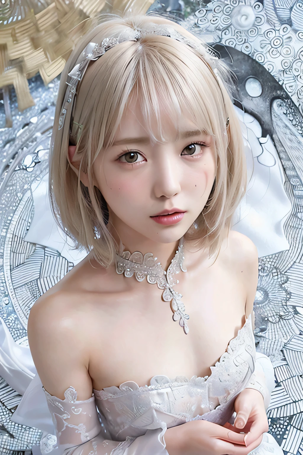 8K,confused, High resolution, Super detailed, 1 girl, alone, very fine eyes, Super precise depiction, Super detailed depiction, (zentangle:1.2), , (abstract background:1.5), (Wedding dress:1.2), short platinum blonde, (shiny skin), lots of colors, , (shot from above:1.2),、flat body、slim、cute、、round face、cast a shadow