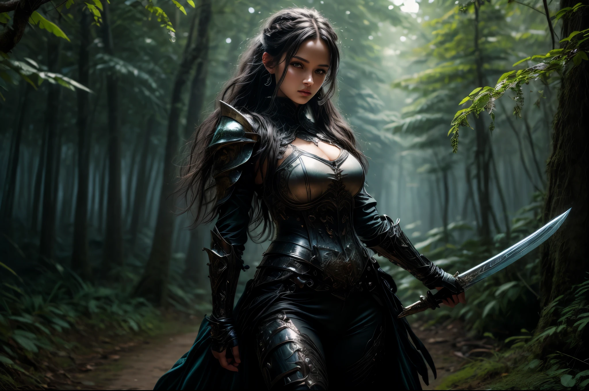 a picture of woman paladin of nature protecting the forest, a woman knight, black hair, long hair, full body (best details, Masterpiece, best quality :1.5), ultra detailed face (best details, Masterpiece, best quality :1.5), ultra feminine (best details, Masterpiece, best quality :1.5), black hair, long hair, braided hair, pale skin, (deep blue: 1.2) eyes, intense eyes, wearying heavy armor, white armor (best details, Masterpiece, best quality :1.5), green cloak, armed with a sword, glowing sword GlowingRunes_green, fantasy forest background, D&D art, RPG art, magical atmosphere magic-fantasy-forest, ultra best realistic, best details, best quality, 16k, [ultra detailed], masterpiece, best quality, (extremely detailed), ultra wide shot, photorealism, depth of field, hyper realistic painting