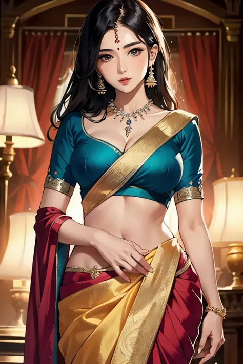 A seductive woman captivates in a stunning saree.