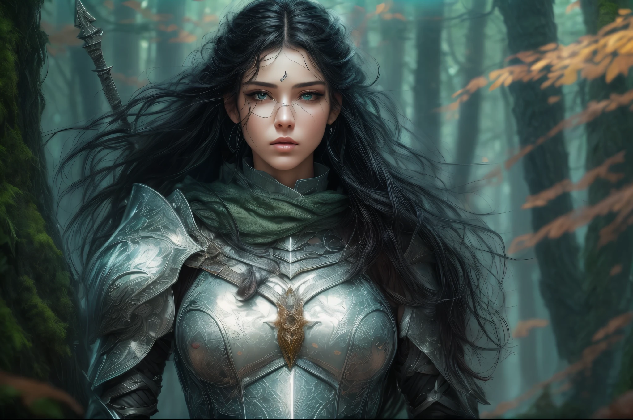a picture of woman paladin of nature protecting the forest, a woman knight, black hair, long hair, full body (best details, Masterpiece, best quality :1.5), ultra detailed face (best details, Masterpiece, best quality :1.5), ultra feminine (best details, Masterpiece, best quality :1.5), black hair, long hair, braided hair, pale skin, (deep blue: 1.2) eyes, intense eyes, wearying heavy armor, white armor (best details, Masterpiece, best quality :1.5), green cloak, armed with a sword, glowing sword GlowingRunes_green, fantasy forest background, D&D art, RPG art, magical atmosphere magic-fantasy-forest, ultra best realistic, best details, best quality, 16k, [ultra detailed], masterpiece, best quality, (extremely detailed), ultra wide shot, photorealism, depth of field, hyper realistic painting